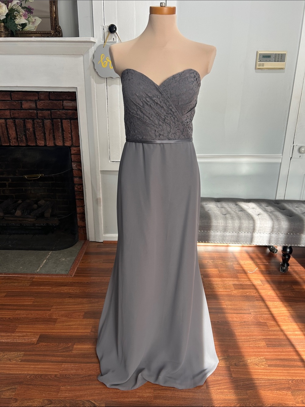 Christina Wu Strapless Lace Bodice Gown in Gray